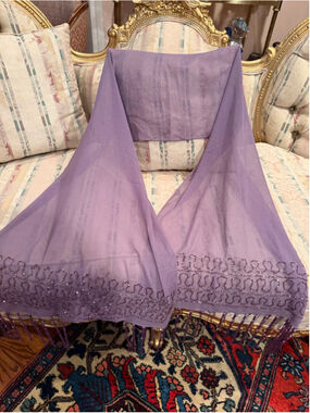 Purple sheer scarf with beaded trim and fringe